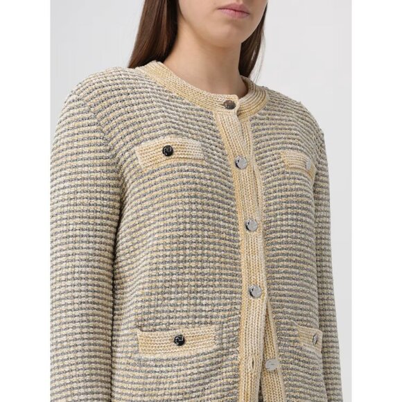 Tory Burch  Metallic Thread Striped Cardigan Ivory White Silver Size Medium - Picture 2 of 10